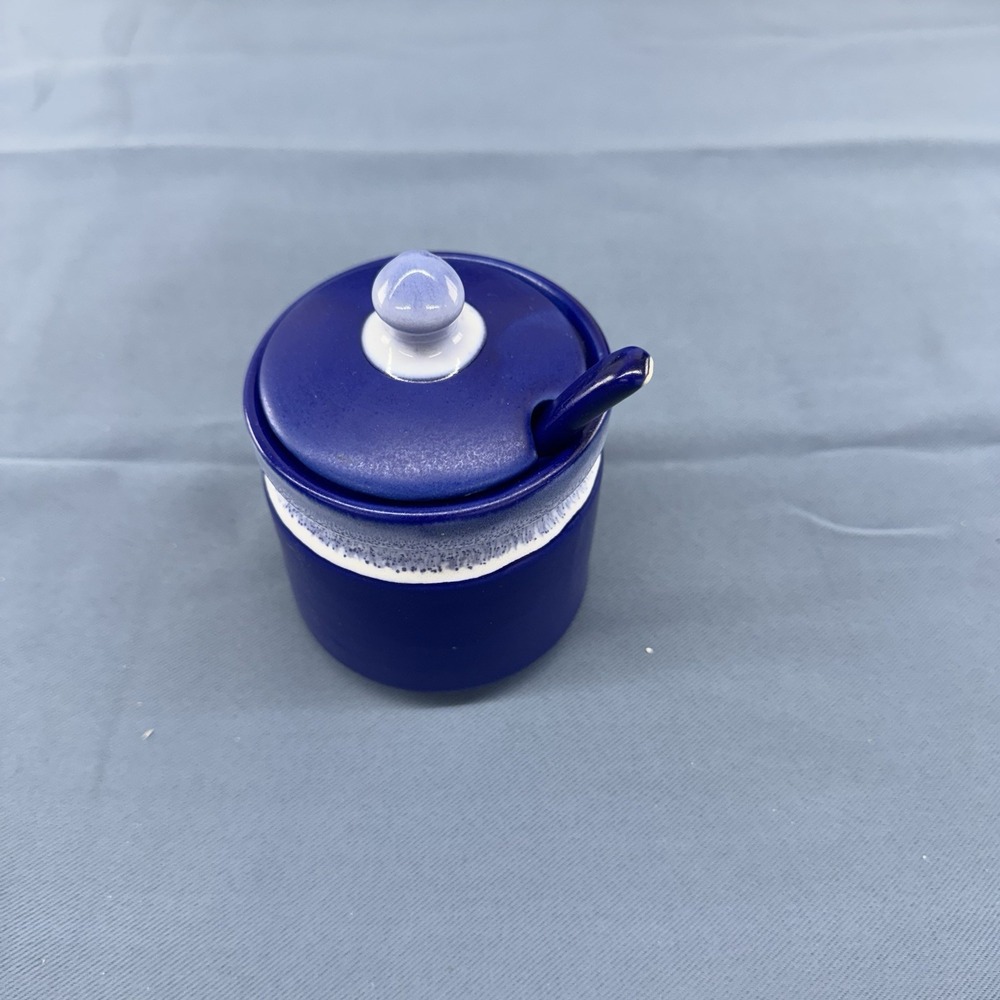 Blue & White  Pottery Sugar Bowl With Spoon